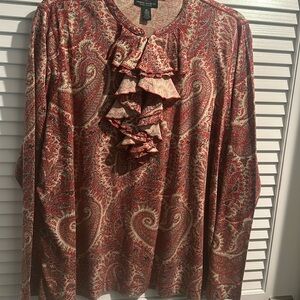 LRL Ralph Lauren Jeans Co Ruffles Neck and Front Blouse 100% cotton.